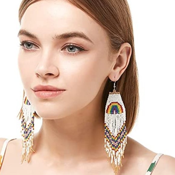 Long 5.5" Rainbow Multicolor & White Earrings Colorful Beaded Oversized Bohemian - Picture 3 of 8